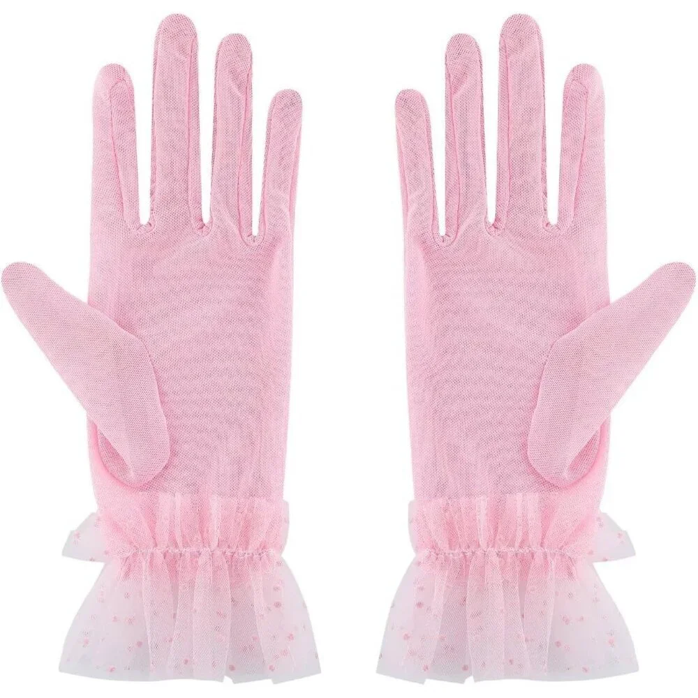 Women's Short Lace Dark Pink Sheer Mesh Tea Party Prom Gloves Banquet Costume